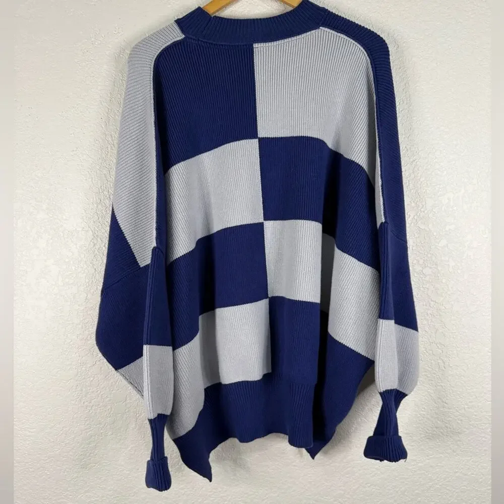 NWT Free People Easy Street Checkered Tunic Sweater in Blue Bohemian Oversized